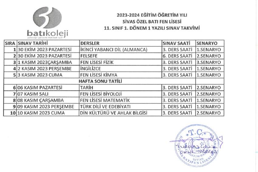 2023-2024 1. DÖNEM 1. YAZILI SINAV TARİHLERİ